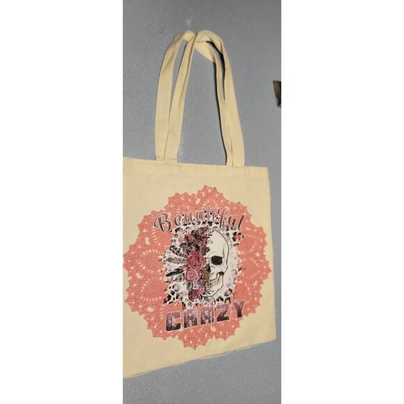 Repurposed Halloween/Fall tote bag. Lace, pumpkins & sugar skull. - Picture 5 of 5